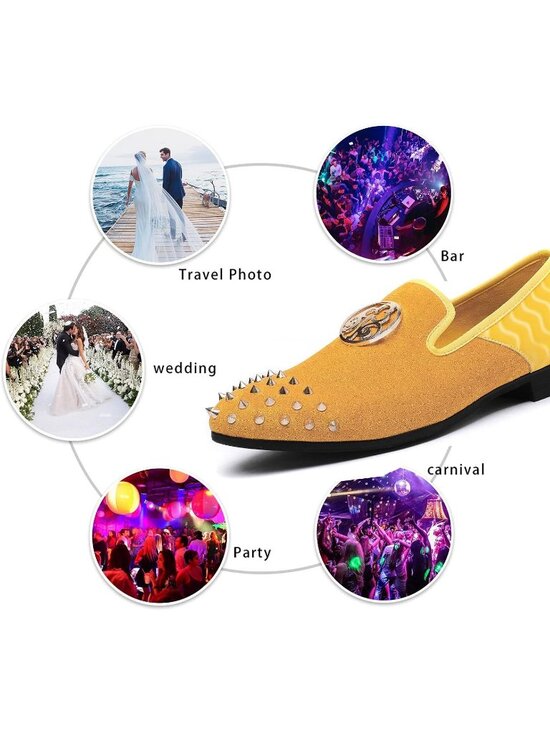 XQWFH Men\'s Yellow Velvet Leather Loafer Embroidery Spiked Slip On Fashion Shoes
